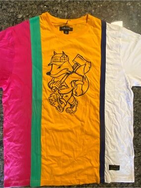 AKOO Men’s Colorblock Fox Graphic Tee - Yellow/Pink/White/Teal/Navy